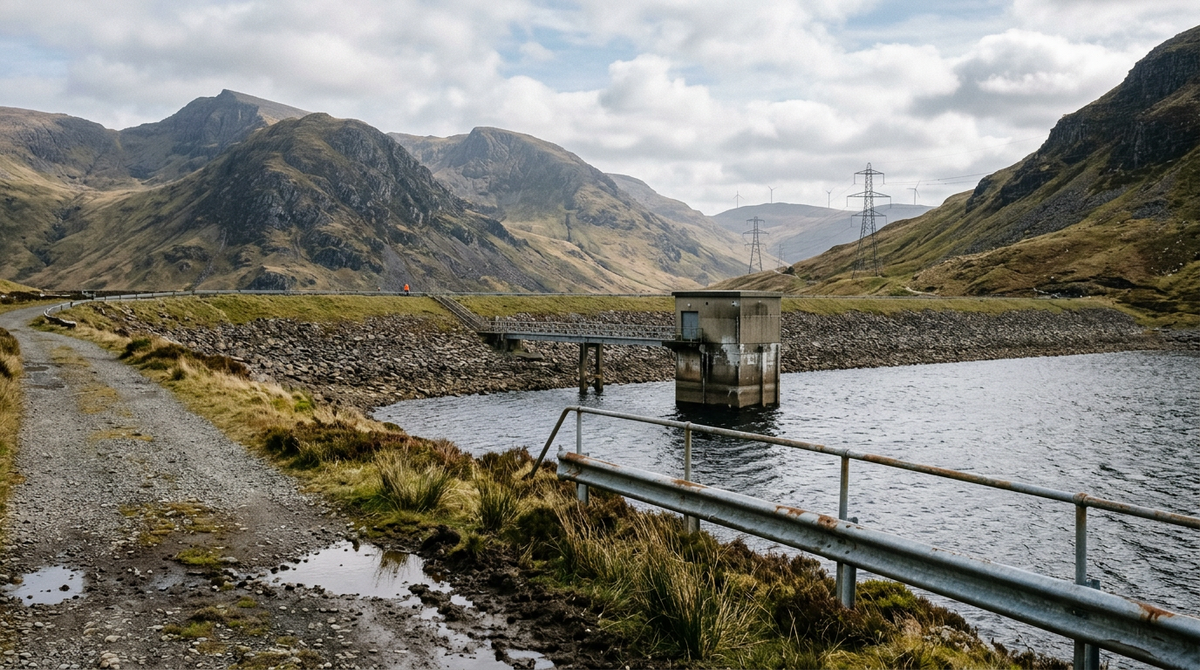 Pumped storage hydro reservoir and dam in the Scottish Highlands with pylons and distant turbines