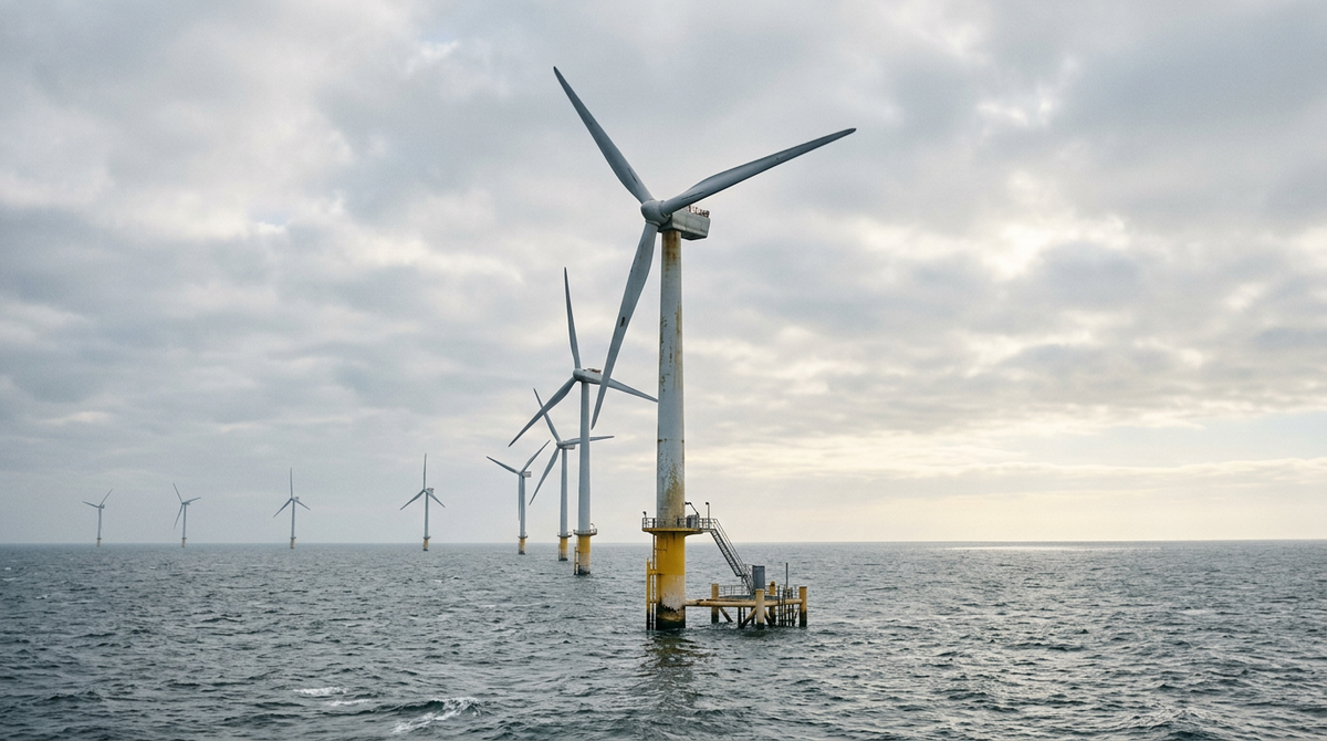 Weathered offshore wind turbines on a grey North Sea under soft overcast light