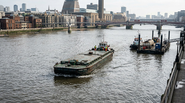 A working barge on the River Thames in central London, with embankment walls and riverside buildings under soft daylight