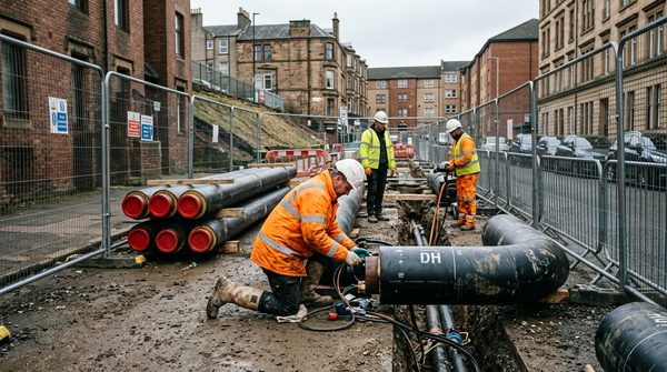 Construction workers in high-visibility clothing and hard hats install large black pipes at a heat network site, with stacked pipe sections and temporary fencing behind them.