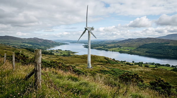 A single wind turbine on a grassy hillside beside a lake under a partly cloudy sky in Northern Ireland