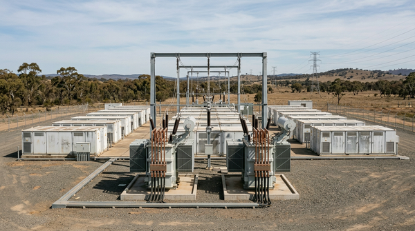 Grid-scale battery storage enclosures, high-voltage transformers and transmission lines at a large battery site in rural New South Wales in daylight