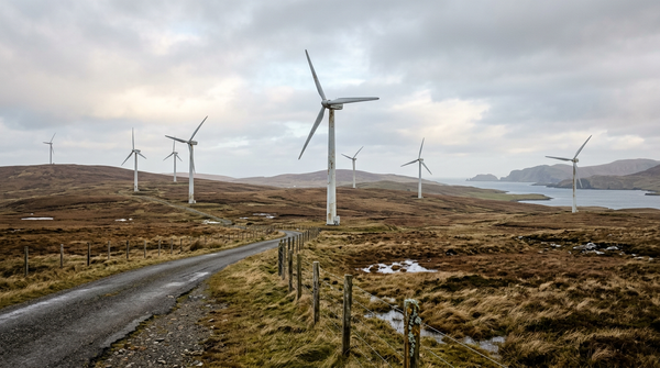Wind turbines on windswept moorland in Shetland under an overcast sky, with a sea inlet beyond