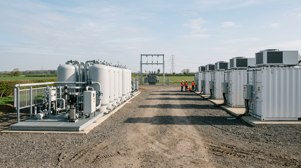 Flow battery electrolyte tanks beside lithium-ion battery containers at a grid storage site