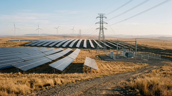 Solar farm, transmission tower and distant wind turbines in the Australian countryside at sunrise
