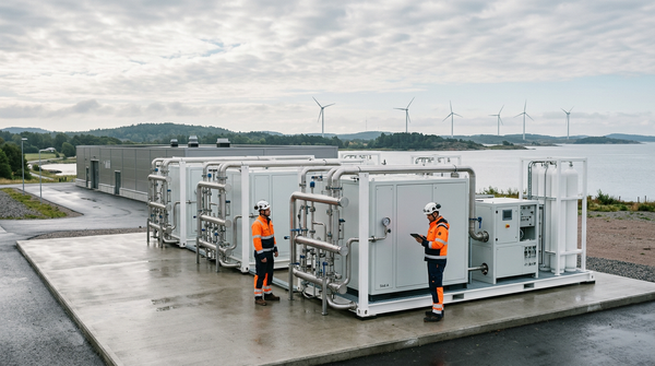 Technicians beside clean electrolyser modules at a Nordic hydrogen plant, with wind turbines beyond