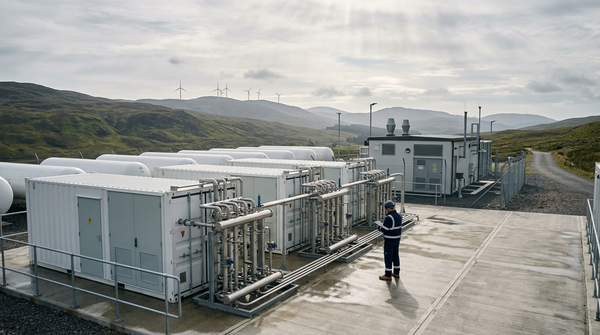 Engineer inspects clean electrolyser units at a Scottish green hydrogen plant beneath rolling hills