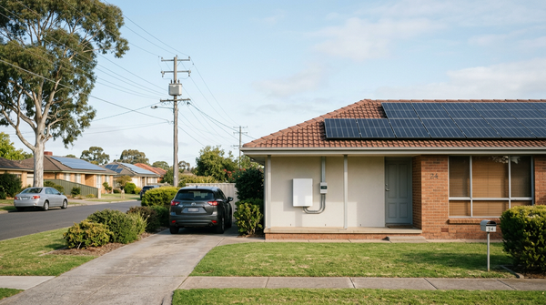 Suburban Australian home with rooftop solar panels and a wall-mounted home battery in morning light