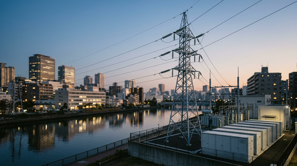 Grid substation, battery storage units and pylon at dusk before a Tokyo skyline