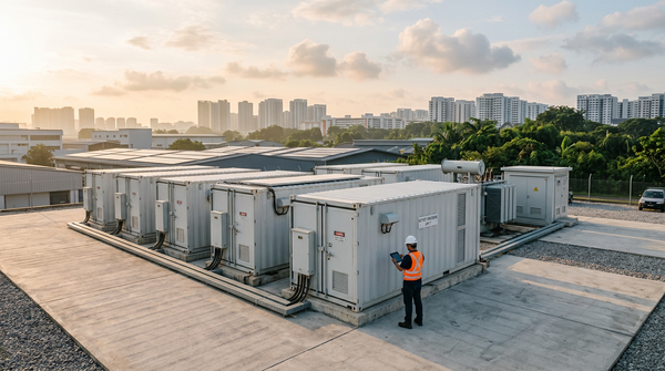 Grid-scale battery storage units and rooftop solar at sunrise with an engineer