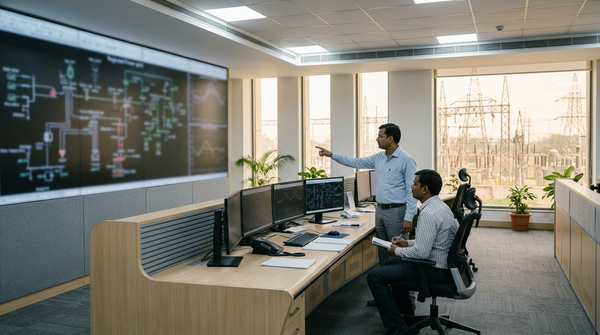 Engineers monitor a modern grid control room in India with a substation visible through the window