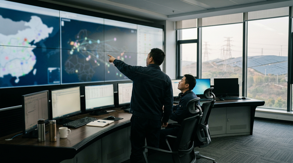 Engineers at a console in a modern Chinese grid control room, with pylons and solar farm beyond