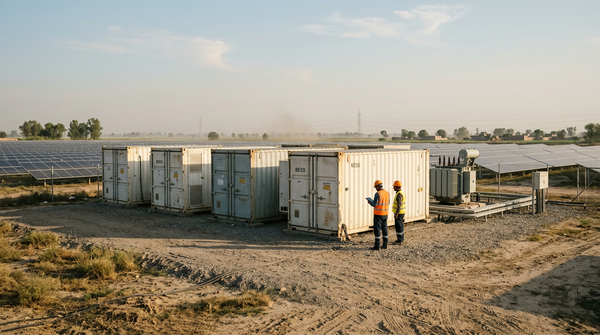 Containerised battery storage units beside a solar farm in Pakistan, with engineers at late