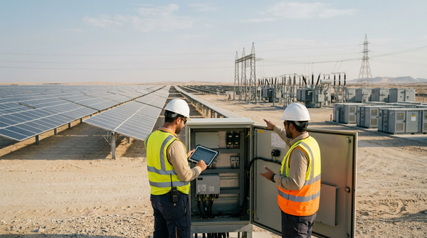 Engineers at a control cabinet beside a Gulf desert solar farm and substation in afternoon light