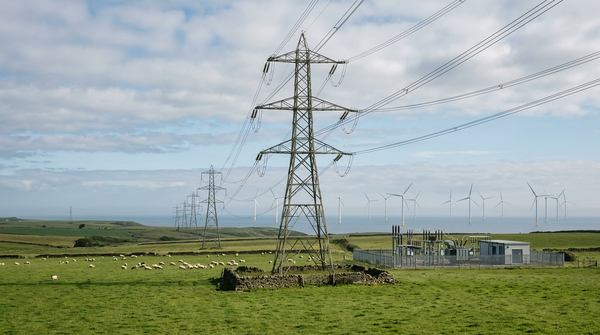High-voltage pylons cross British countryside with an offshore wind farm on the coastal horizon