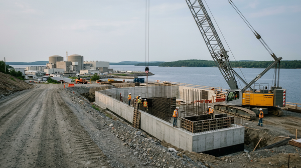 Small modular reactor construction site beside an existing nuclear station on a lakeshore