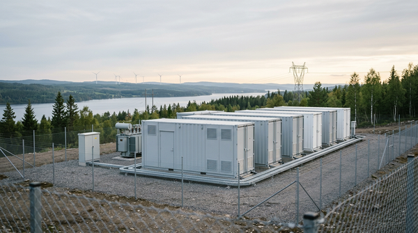 Rows of clean grid-scale battery containers beside a calm lake and forest in the Nordic countryside