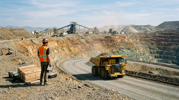 Haul truck climbs a road in an open-pit mine as a geologist surveys the terraced pit and plant
