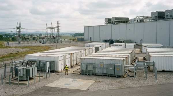 Battery storage containers beside a data centre and substation on a US site under overcast skies