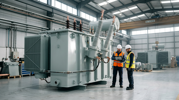 Technicians inspect a newly built high-voltage power transformer inside a clean factory hall