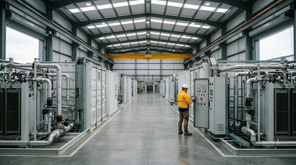 Engineer walks an aisle of clean PEM electrolyser modules inside an industrial hydrogen plant