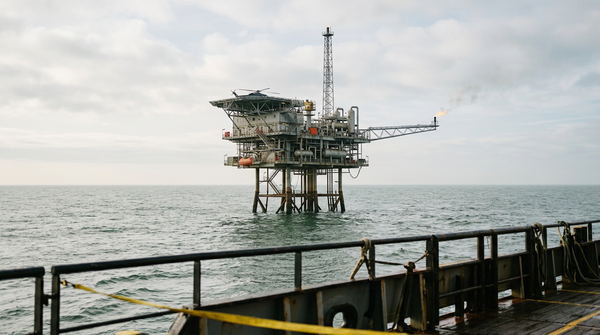 Offshore gas production platform in the North Sea under overcast skies