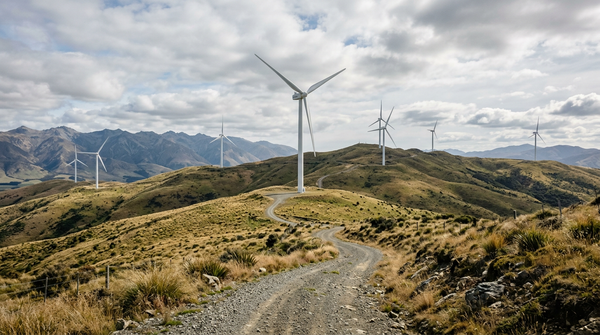 Wind turbines on rolling tussock hills in Otago, New Zealand, under soft morning light