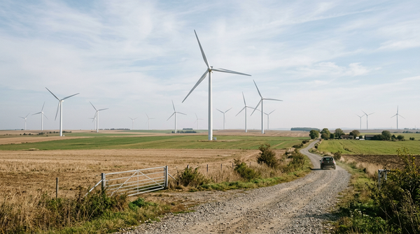 Onshore wind turbines across farmland in south-east Romania under a clear morning sky