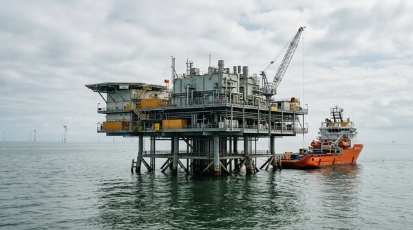 Offshore converter station platform standing in the North Sea under overcast skies