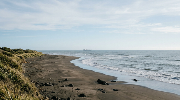 Taranaki coastline in New Zealand with dark sand beach and open sea under soft daylight