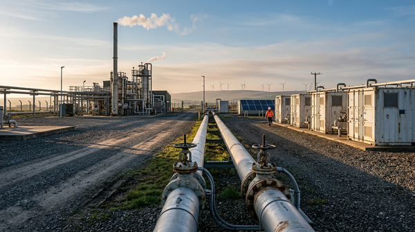 Gas-fed hydrogen reformer plant beside electrolyser units and solar panels at sunrise