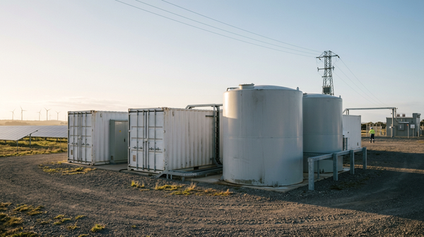 Flow battery tanks and containers at a grid storage site with wind turbines at golden hour