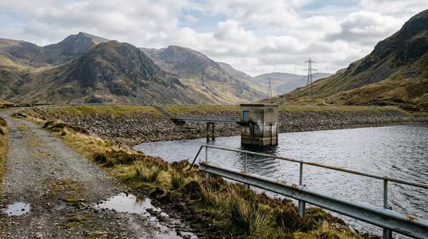 Pumped storage hydro reservoir and dam in the Scottish Highlands with pylons and distant turbines