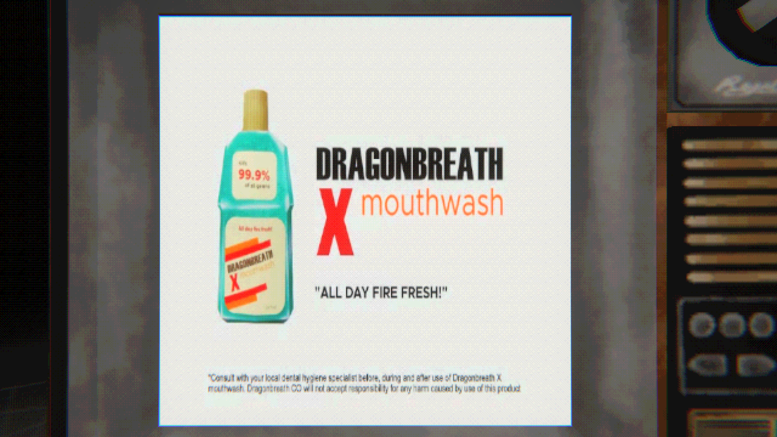 A fictional ad screen from Mouthwashing advertising Dragonbreath X Mouthwash with the phrase "All day fire fresh!"