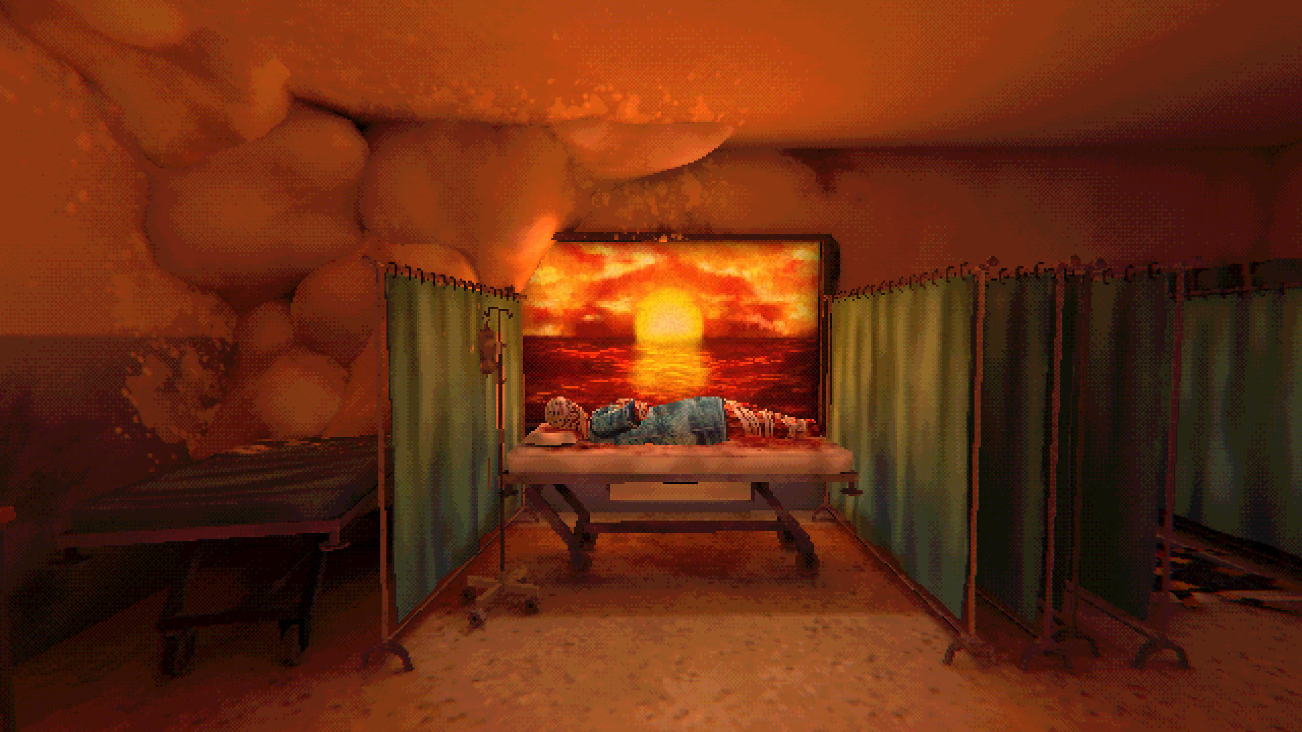 A screenshot from the game Mouthwashing showing the character Curly in a medbay bed with bandages and severe wounds.