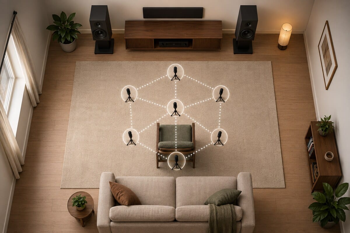 A top-down illustration showing seven microphone positions around one main listening seat between two stereo speakers.