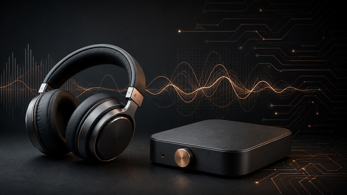 Editorial illustration of unbranded headphones and a compact streaming-audio device with an abstract circuit and waveform motif.