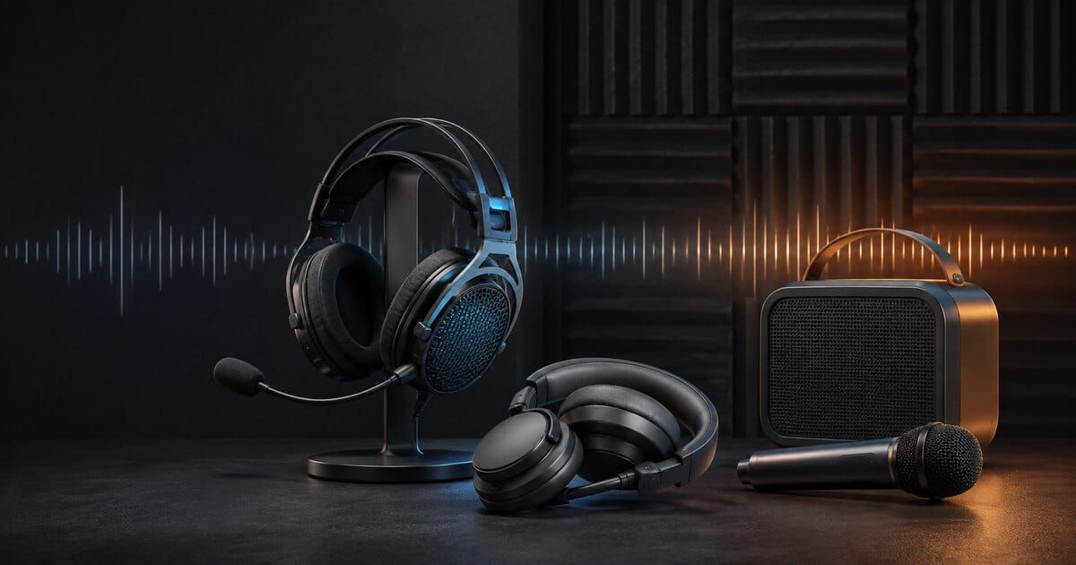 Brand-neutral open-back gaming headset, wireless ANC headphones and portable karaoke speaker representing the August 24 audio briefing