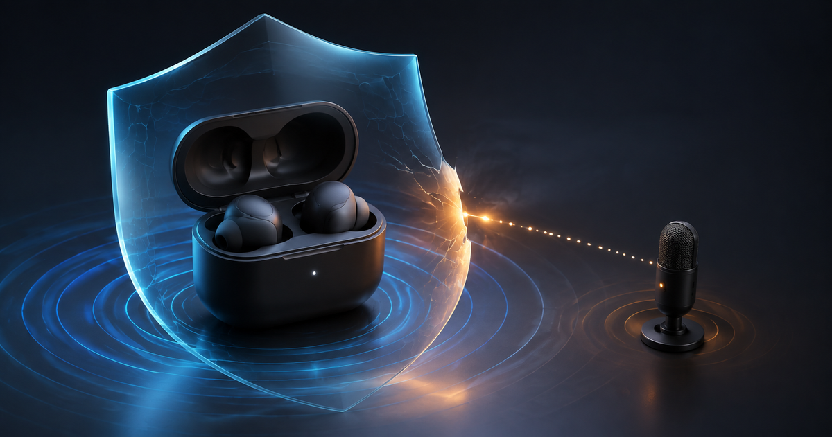 Unbranded wireless earbuds behind a cracked digital shield, illustrating a nearby Bluetooth microphone vulnerability and firmware fix.