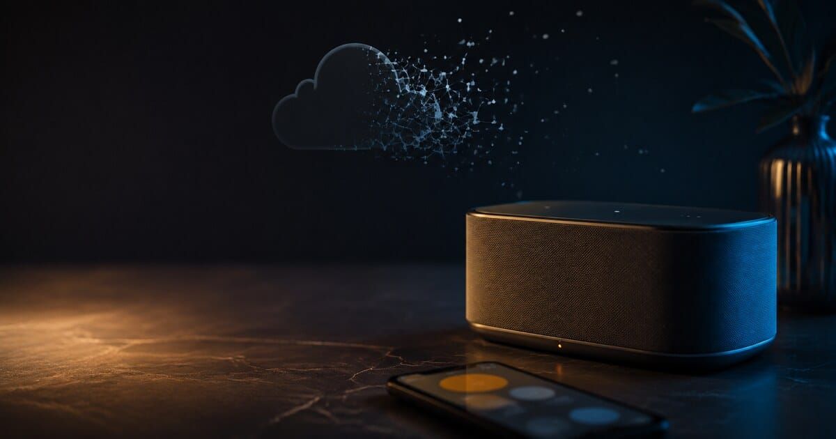 Generic network speaker beside a fading cloud connection, illustrating the end of cloud support.