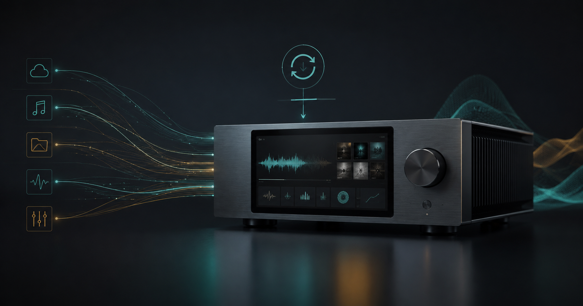 Unbranded network audio streamer receiving a firmware update, with abstract cloud, music-library, waveform and room-correction signals.