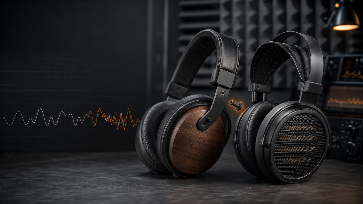 Generic headphones shown with a loose pivot screw and a distorted low-frequency waveform in an acoustic lab.