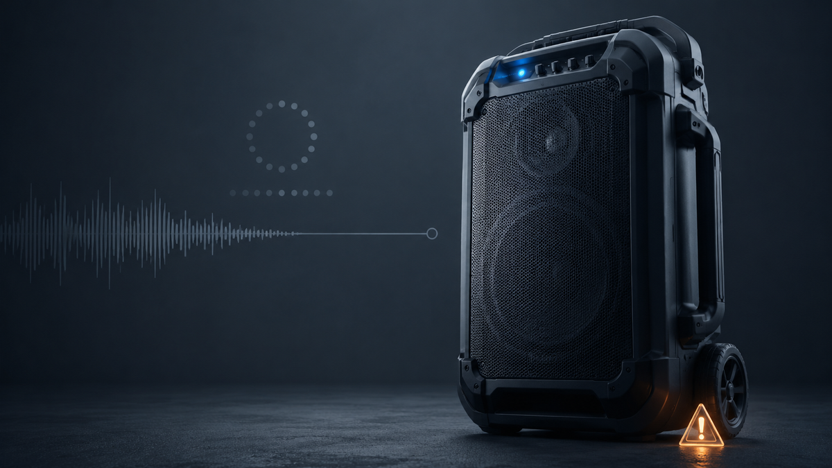 Generic portable party speaker shown silent during a firmware update, with a warning indicator.