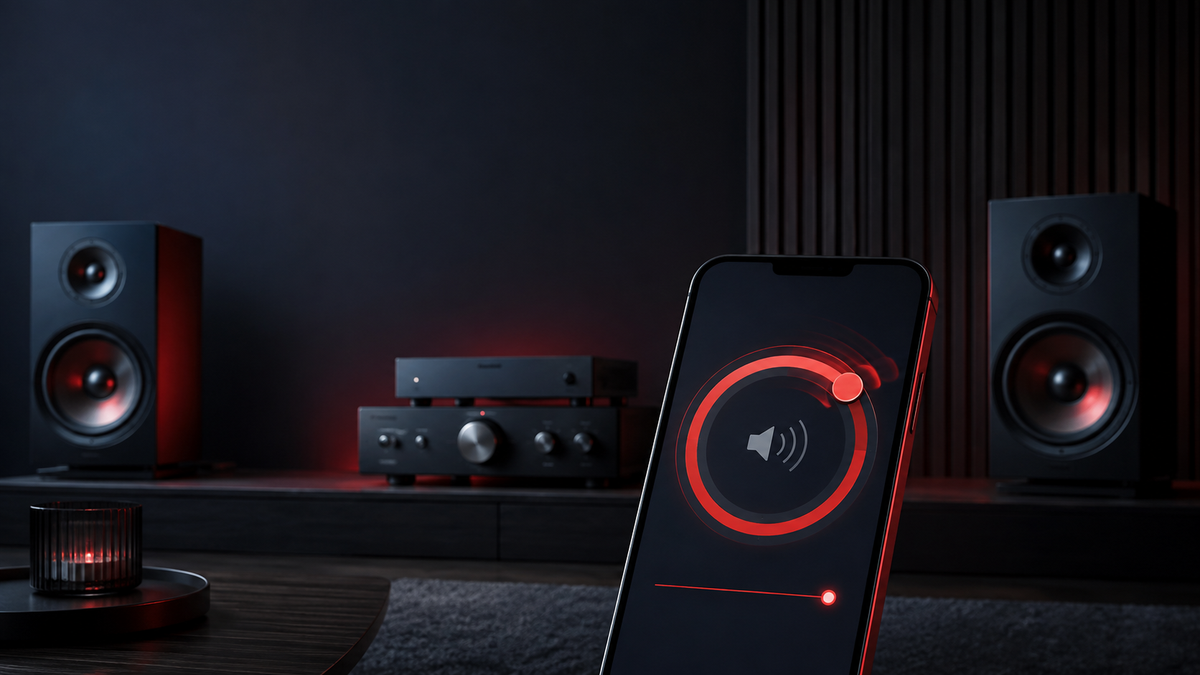 Generic hi-fi system and smartphone showing a rapidly rising red volume control.