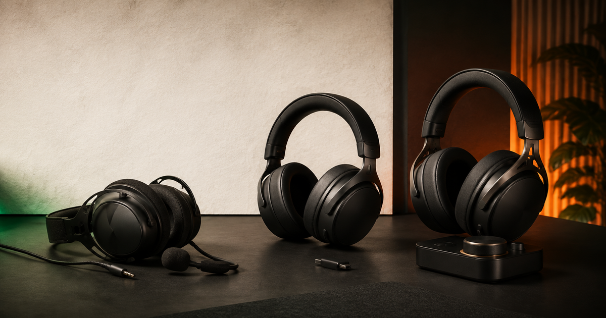 Three unbranded gaming headsets arranged as a price ladder from a simple wired model to a premium wireless system with a control base