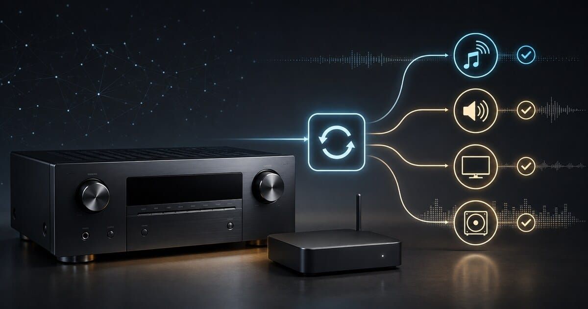Unbranded AV receiver and network player connected to stable streaming, volume, HDMI and subwoofer update icons.