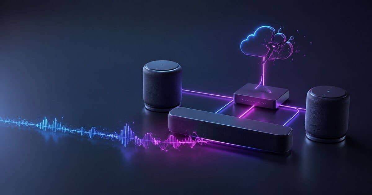 Generic multi-room speakers and soundbar connected to a cloud stream that ends at a legacy network bridge.