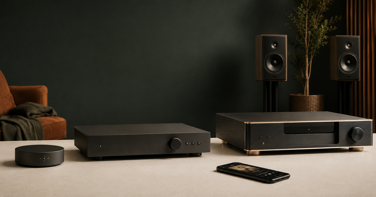 Three unbranded network music streamers arranged from a compact budget model to a large high-end component in a dark listening room