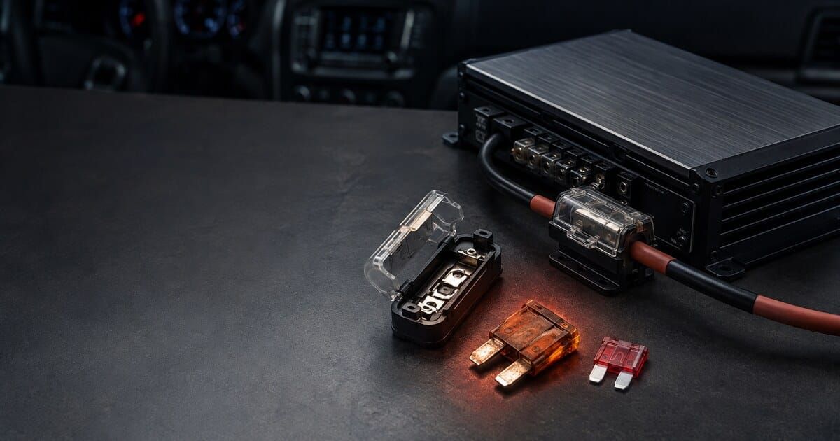 Brand-neutral car-audio amplifier and replacement blade fuses illustrating a circuit-protection safety recall; not the recalled product.