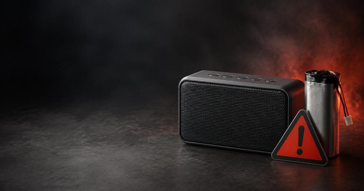 Generic portable Bluetooth speaker, lithium battery and warning symbol illustrating a battery fire recall